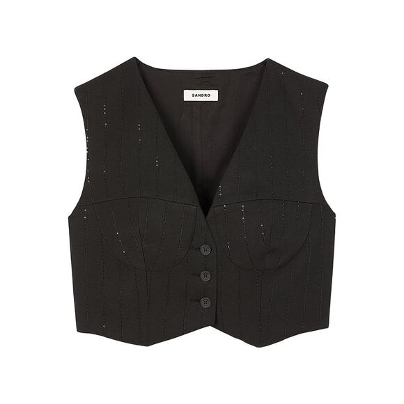 Sandro Sequin Black Viscose Cropped Jacket Vest Size S - NWT - Picture 1 of 5